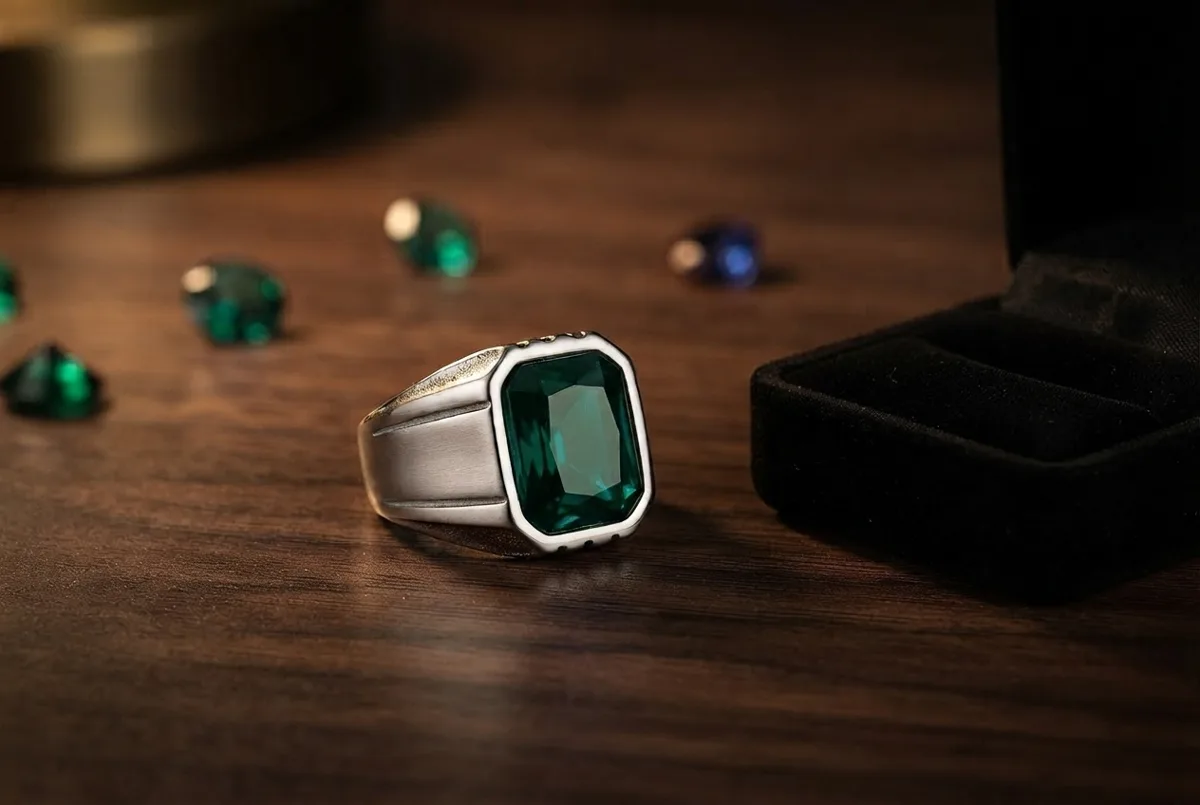 Bestyle signet ring, stainless steel, created emerald (green step-cut stone)