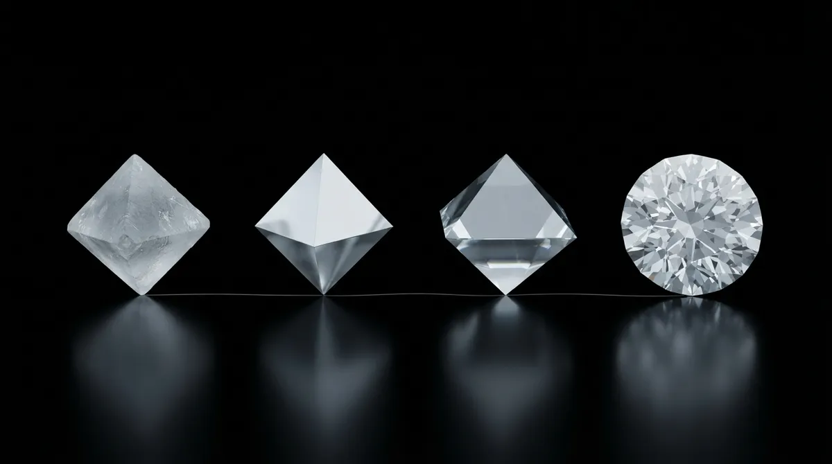 Rendering of four colourless diamonds in a row: a frosted rough octahedral crystal, the same octahedron polished as a point cut, a table cut with the top point ground flat, and a modern round brilliant