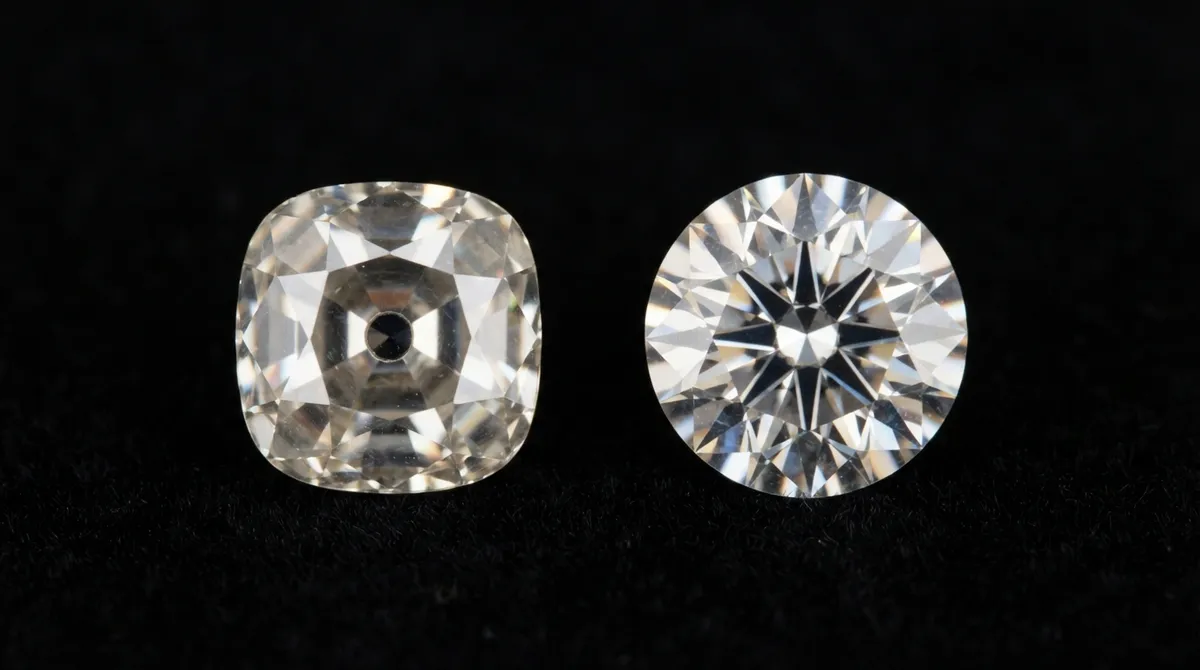 Rendering of two colourless diamonds face-up on black velvet: on the left a cushion-shaped old mine cut with a small table and a visible round culet in the centre, on the right a perfectly round modern brilliant with a sharp star pattern
