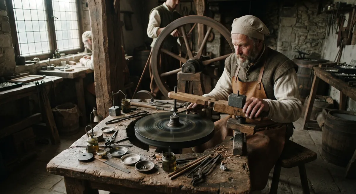 Rendering of a 16th-century diamond polisher at a flat horizontal iron polishing wheel on a wooden bench, driven by a belt from a large wheel behind him, in a workshop lit by a leaded window