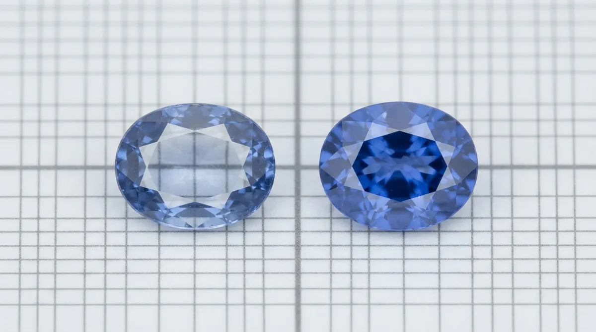Rendering of two oval blue sapphires on grid paper: the left stone has a pale see-through centre where the grid shows through, the right stone is saturated blue across its whole face