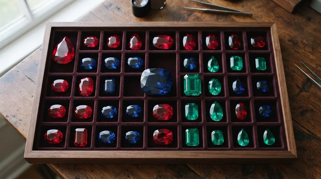 Illustration: a tray of large faceted lab-grown rubies, sapphires and emeralds