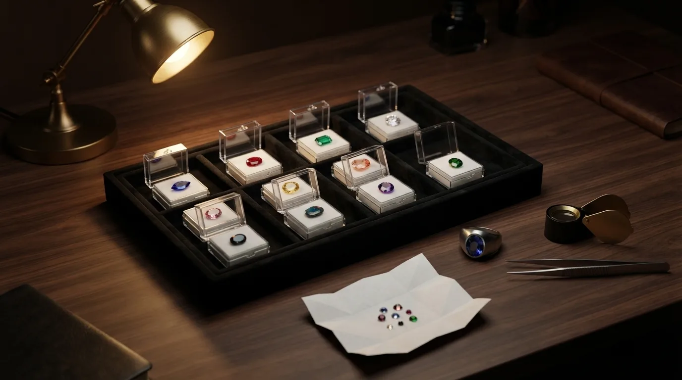 Rendering of a collector's gem tray with small clear boxes of faceted stones, a signet ring, a loupe and tweezers under a lamp