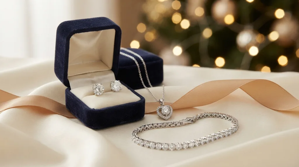 Illustration: moissanite studs in a gift box, a heart pendant and a tennis bracelet on silk