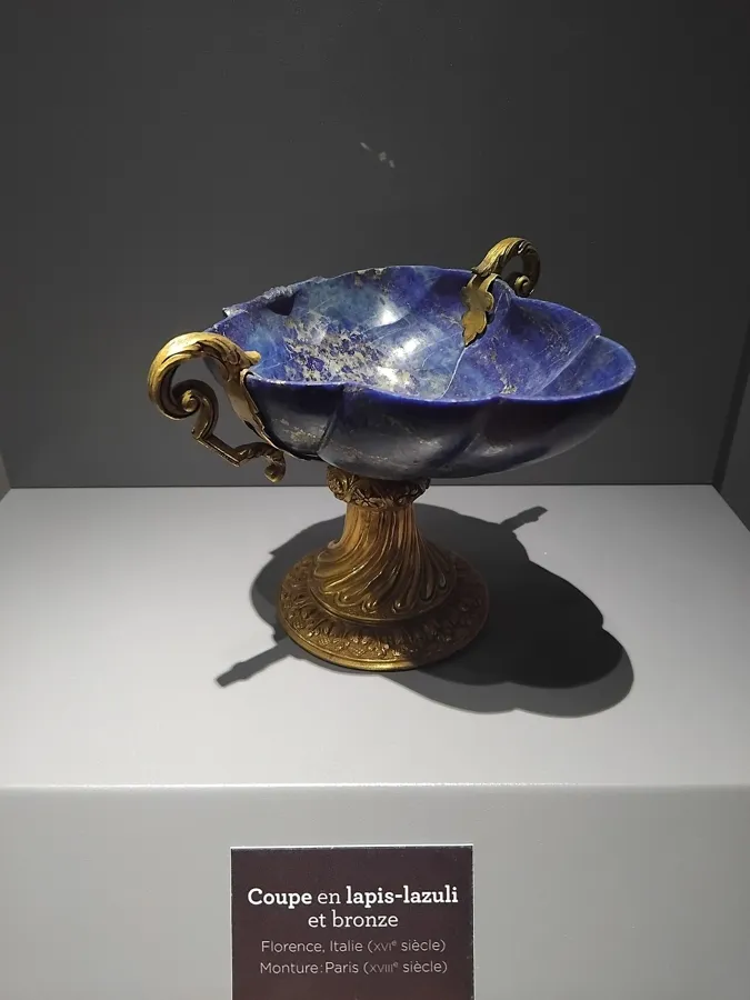 A Florentine lapis cup in a Paris museum: A lapis lazuli cup carved in Florence in the 16th century and given a bronze mount in Paris in the 18th century, shown in the mineral gallery of the French natural history museum.