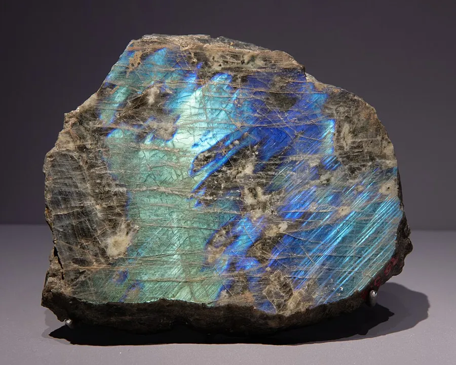 A Labrador specimen in the Paris mineral gallery: Polished labradorite from Labrador, shown in the Paris museum’s mineral gallery. Labrador, Canada, Natural specimen.