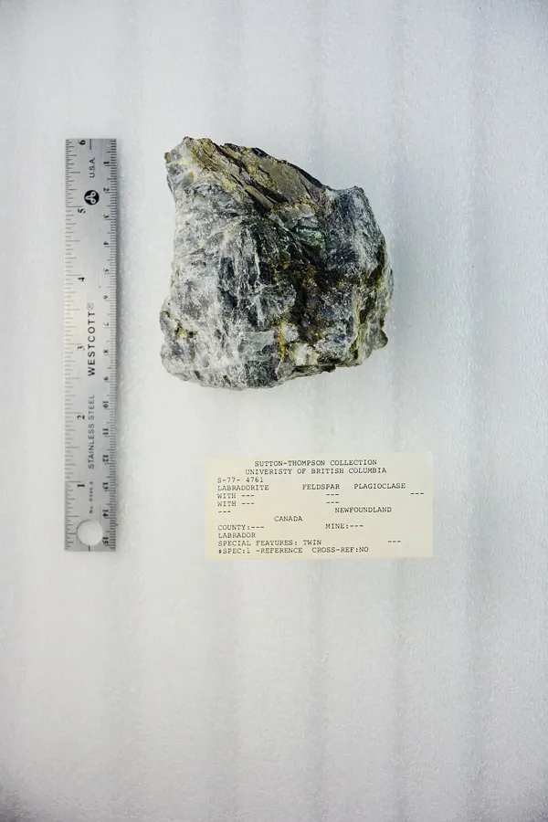 A Labrador specimen in Vancouver: Labradorite from Labrador, photographed and shared by the museum itself. Labrador, Newfoundland and Labrador, Canada, Natural specimen.