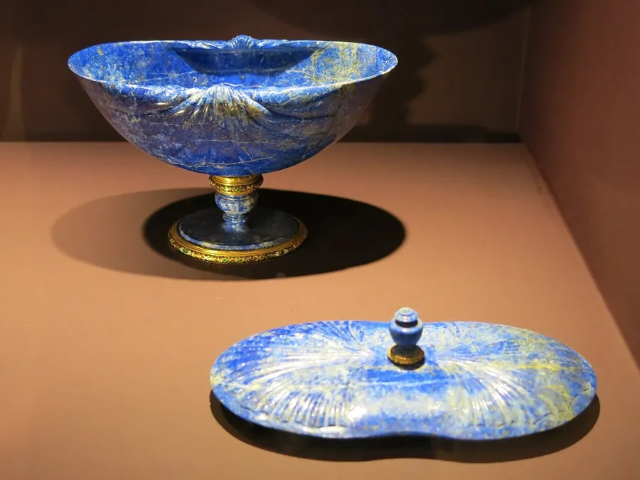 A lidded lapis cup in the Louvre: A covered cup of lapis lazuli with gilded mounts, attributed to Giovanni Ambrogio Miseroni, from the French royal collection of hardstone vessels.