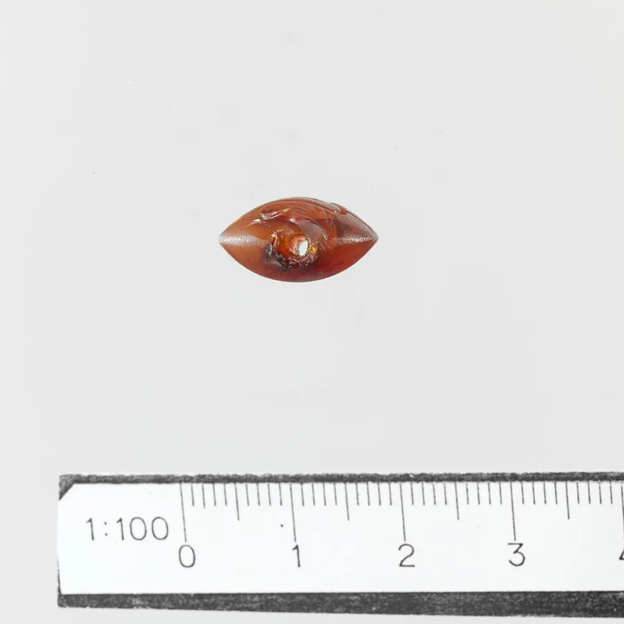 A Minoan almond-shaped seal: An amygdaloid (almond-shaped) carnelian seal, 1.7 cm long. Minoan, Middle Minoan III, About 1750 to 1600 BC.