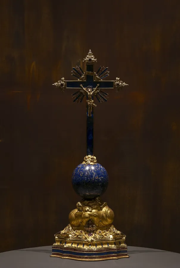 A Neapolitan gold and lapis crucifix: A crucifix of gold and lapis lazuli made in Naples, from the treasury of the Franciscan Custody of the Holy Land.