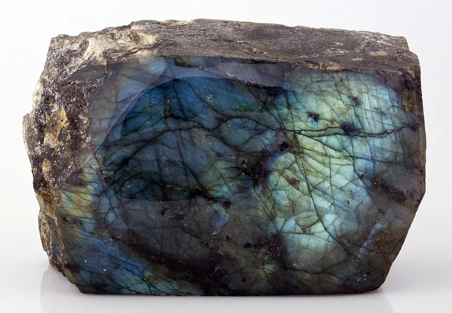 A polished slab at UCL: A cut and polished sample of labradorite from University College London’s teaching collection. Unknown locality, Natural specimen, cut and polished.