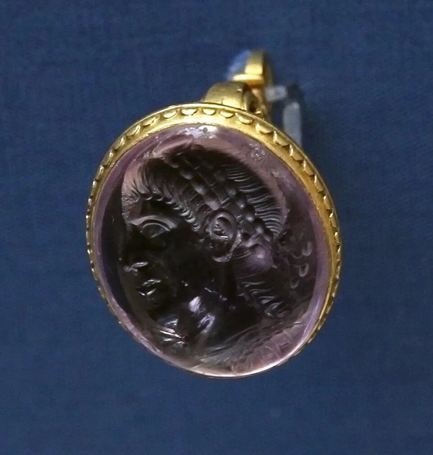 Emperor Constantius II in amethyst: An amethyst intaglio portrait of the Roman emperor in a jewelled headband, about 360 CE, set in gold.