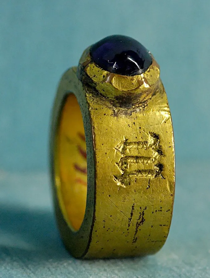 A bishop’s amethyst ring: A pastoral ring of gilt bronze set with a large amethyst, 15th century.