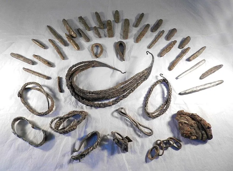 The Bedale Viking hoard: Silver neck rings, arm rings and ingots with a gold-foiled sword pommel, buried around 850 to 950 and found in North Yorkshire in 2012.