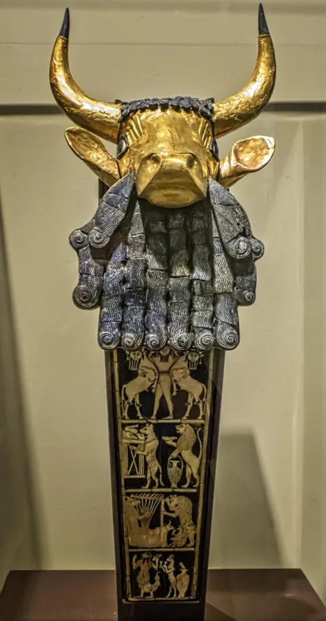 The bull-headed lyre of Ur: A harp-like instrument with a gold bull head and a beard of lapis lazuli, about 2500 BCE.