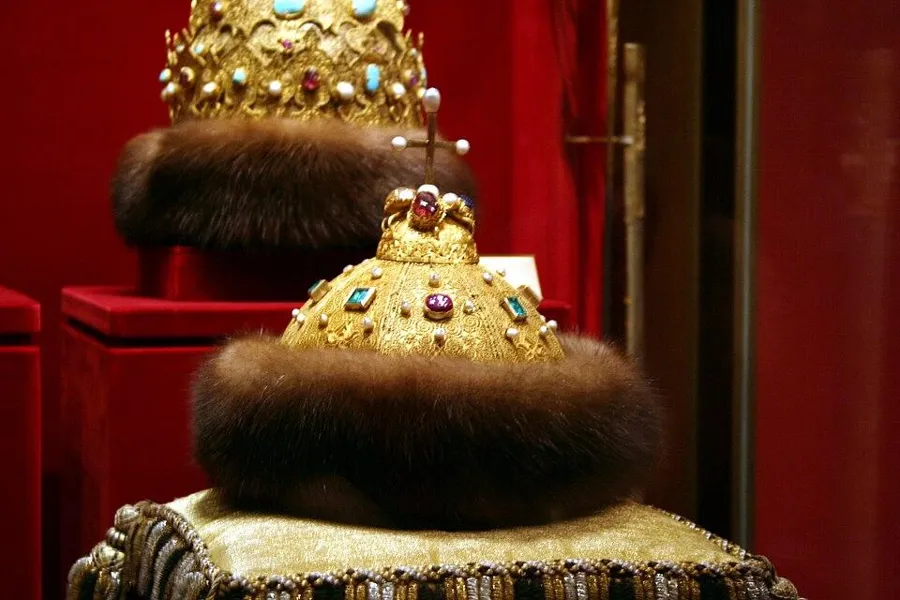 The Cap of Monomakh: A cap of gold filigree trimmed with sable fur and set with gems and pearls, used to crown Russian rulers.