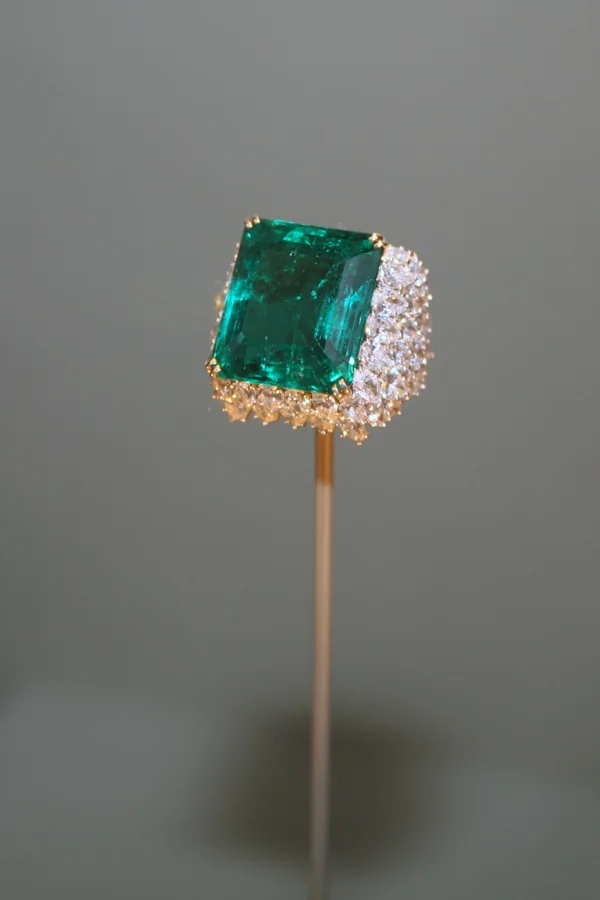 The Chalk Emerald: About 37.8 carats of Colombian emerald, ringed with diamonds.