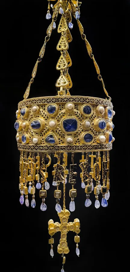 The votive crown of King Recceswinth: A gold crown set with sapphires and pearls, with hanging gold letters spelling the king’s name, Visigothic Spain, 7th century.