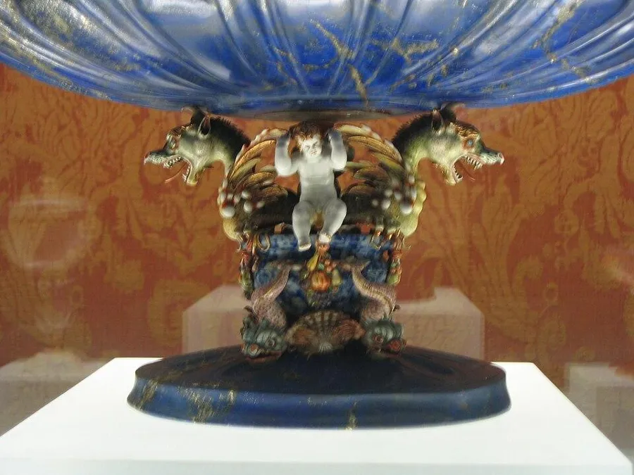 The Dauphin’s lapis goblet with dragons: A goblet of lapis lazuli with enamelled gold dragons for handles, made around 1630.