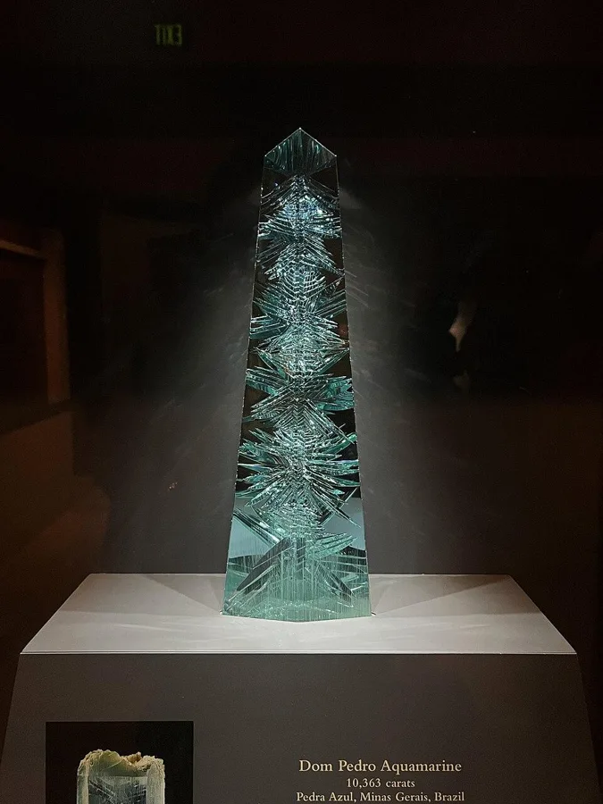 The Dom Pedro Aquamarine: About 10,363 carats, the largest cut aquamarine in the world, carved into an obelisk about 35 cm tall.