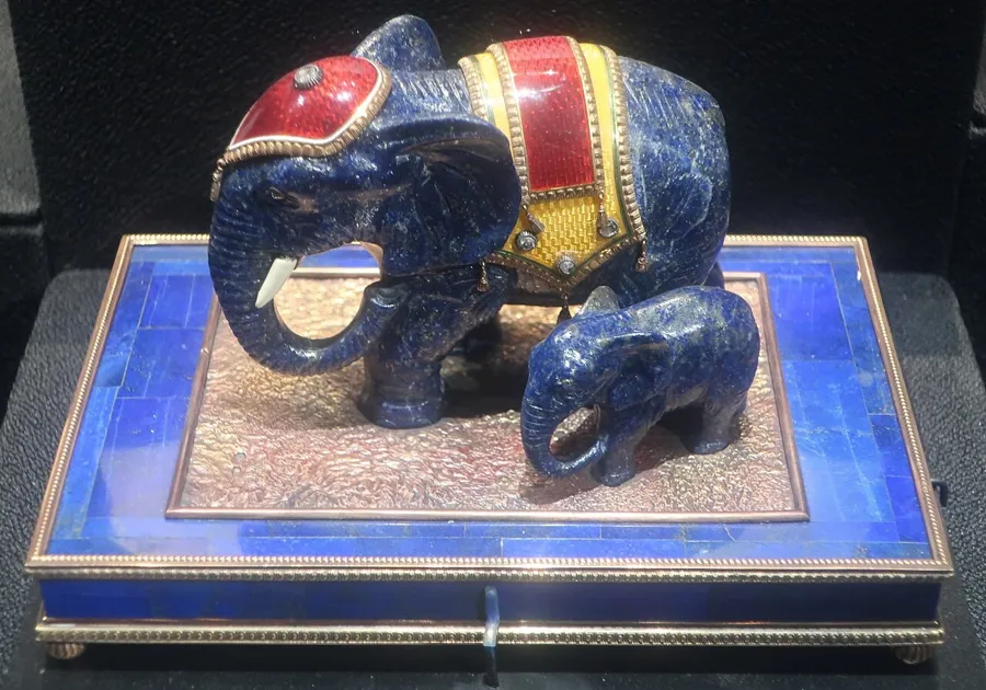 Fabergé’s lapis elephants: Elephant figures carved from lapis lazuli with silver, gold, enamel, ivory and diamond details, from the workshop of Carl Fabergé.