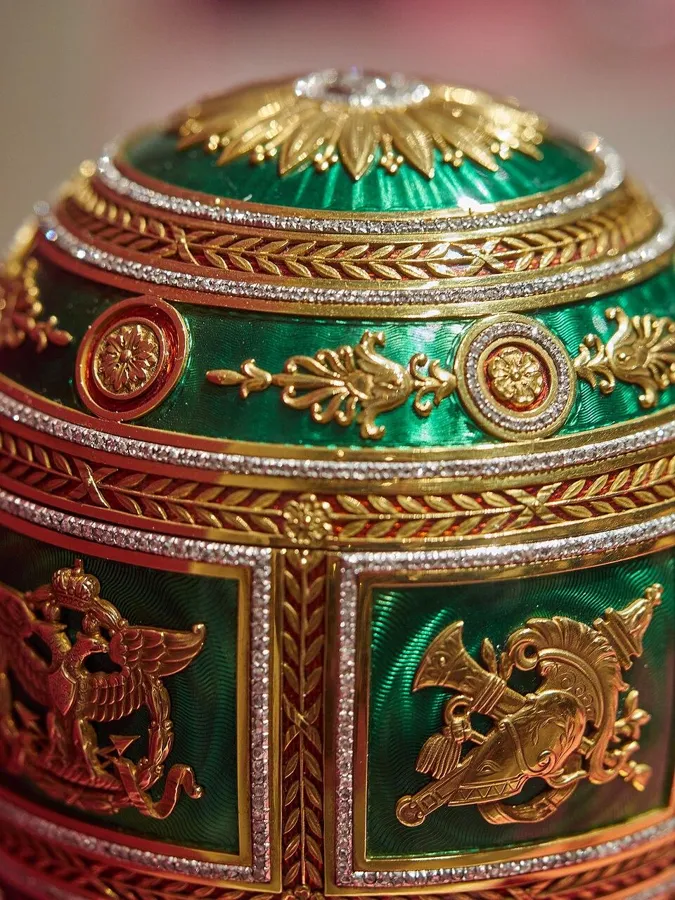 The Napoleonic Fabergé egg: A jewelled Easter egg of gold, enamel and diamonds, made in 1912 for Tsar Nicholas II as a gift to his mother.