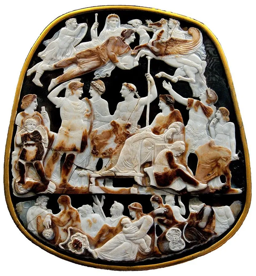 The Great Cameo of France: A five-layer sardonyx cameo about 31 cm tall, Roman, carved in the first half of the 1st century AD.