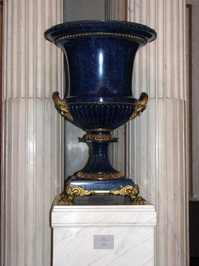 A lapis vase in the Winter Palace: A tall vase faced with lapis lazuli and mounted in gilt bronze.