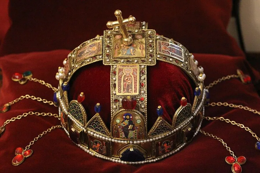 The Holy Crown of Hungary (a reconstruction): A gold crown with enamel pictures, set with garnets, sapphires and pearls, made in the 11th to 12th century.