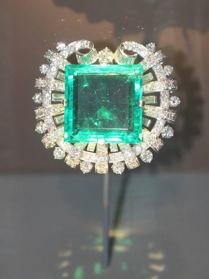 The Hooker Emerald: About 75.5 carats of Colombian emerald, set as a brooch by Tiffany.