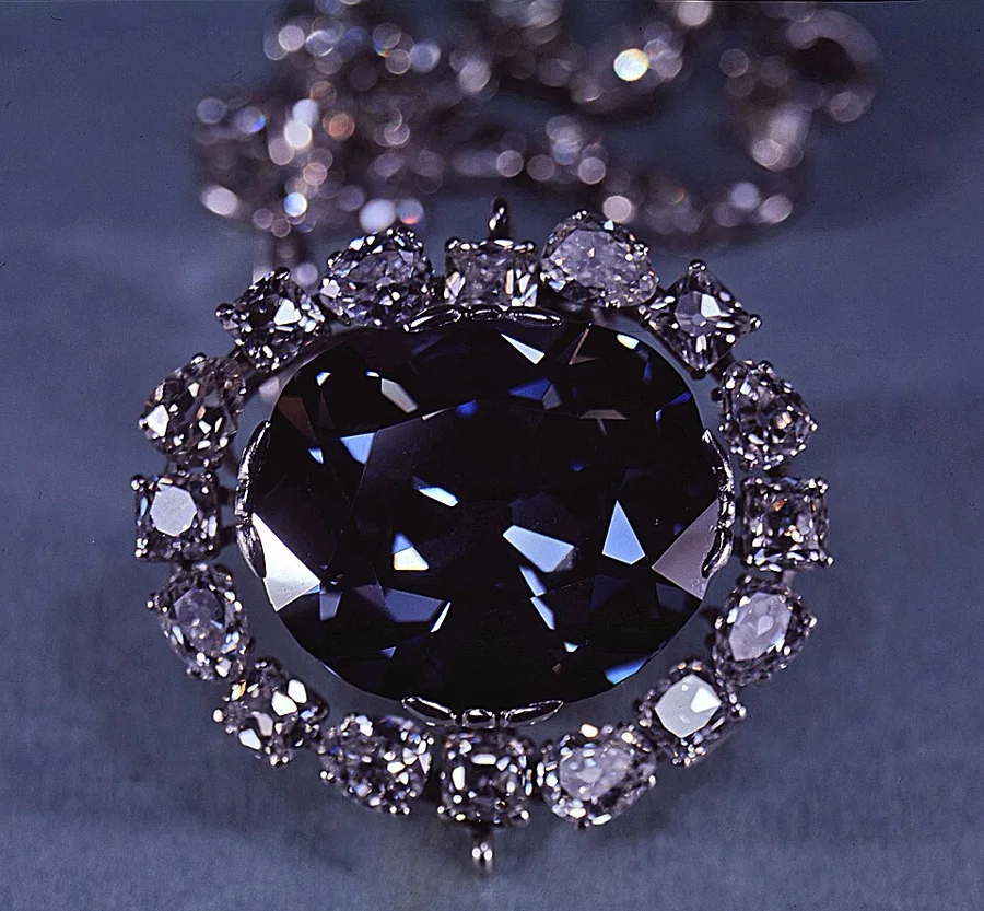 The Hope Diamond: 45.52 carats, a deep blue diamond from India, coloured by traces of boron.