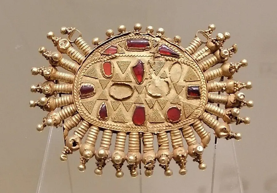 A Hunnic diadem with garnets: A diadem of silver and bronze set with cut garnets, late 4th to 5th century.