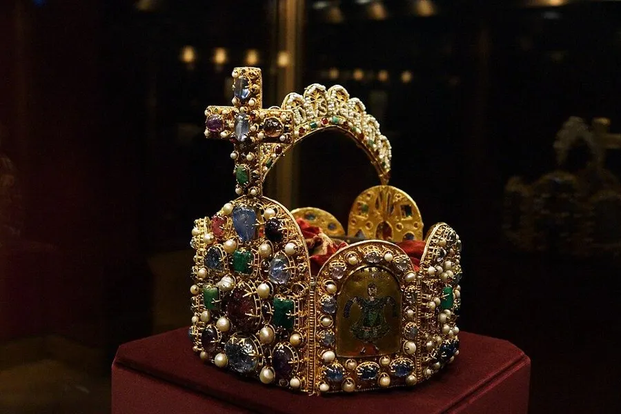 The Imperial Crown of the Holy Roman Empire: An eight-sided gold crown set with sapphires, emeralds, amethysts and pearls, probably made in the late 10th century.