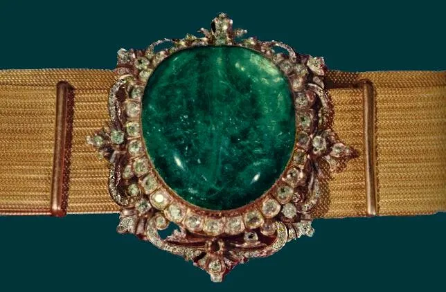 The Iranian imperial belt: A coronation belt with a huge emerald at its buckle, from the Iranian crown jewels.