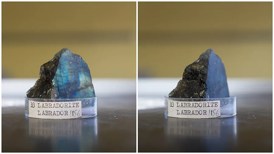 Labradorescence at the University of Padua: A collage of one labradorite specimen photographed to show its labradorescence. Unknown locality, Natural specimen.