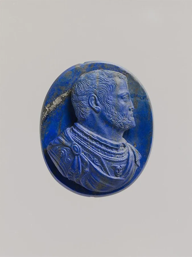 A lapis cameo of Cosimo I de’ Medici: A portrait of Cosimo I de’ Medici, Grand Duke of Tuscany, carved in lapis lazuli by the grand-ducal workshops of Florence, 16th century.