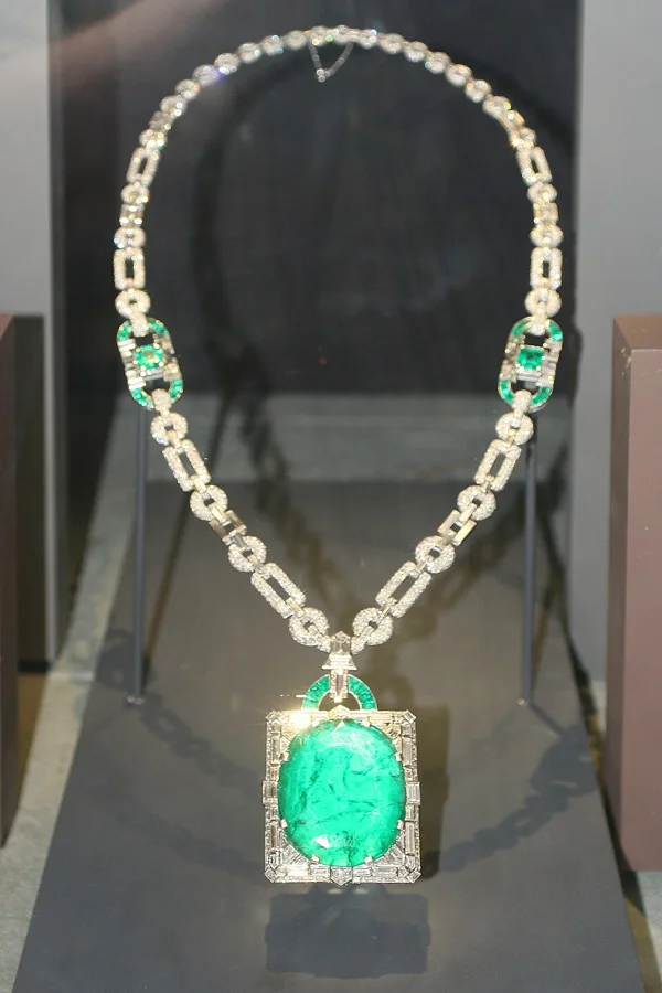 The Mackay Emerald Necklace: A Colombian emerald of about 168 carats, set by Cartier in 1931.
