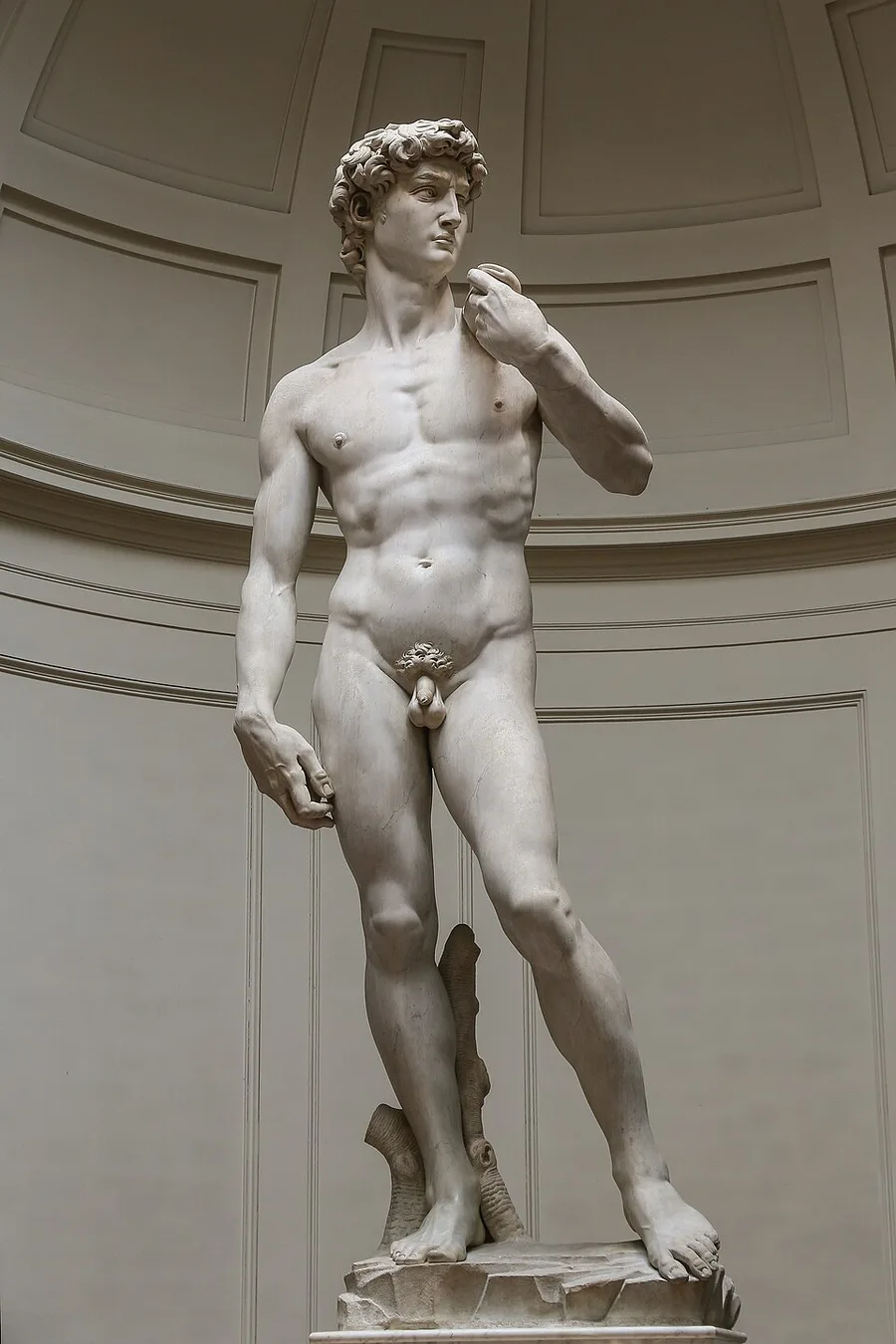 Michelangelo's David: Carrara marble from the Fantiscritti quarry, 5.17 m tall, carved by Michelangelo 1501 to 1504.