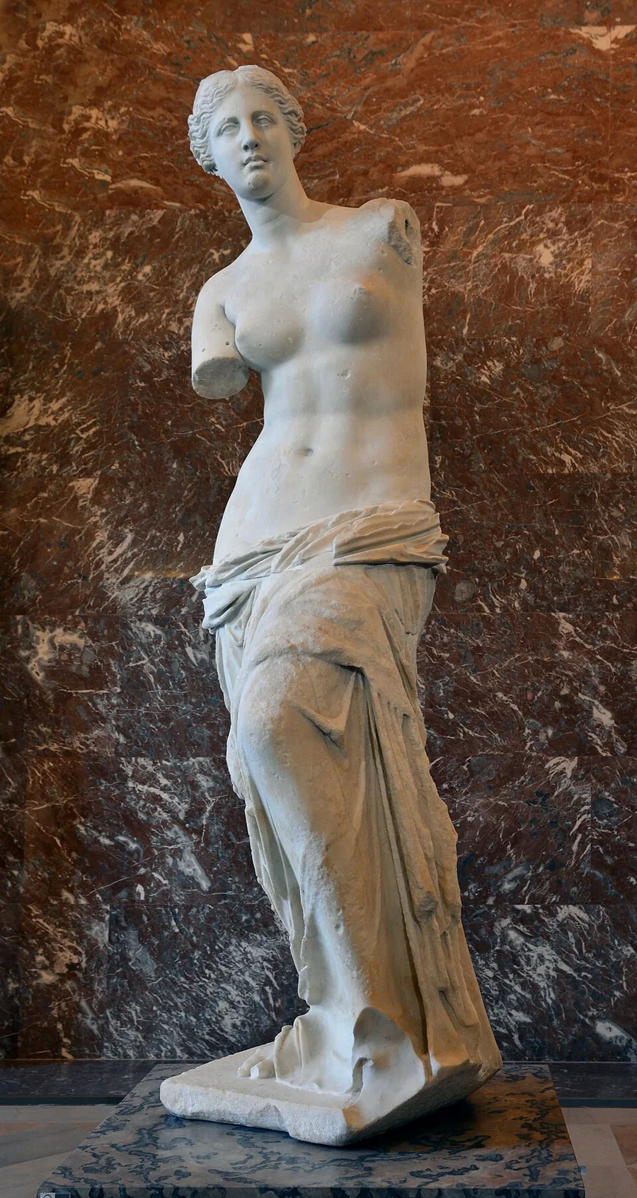 Venus de Milo: Parian marble, over 2 m tall, Hellenistic Greek, probably 160 to 110 BC.