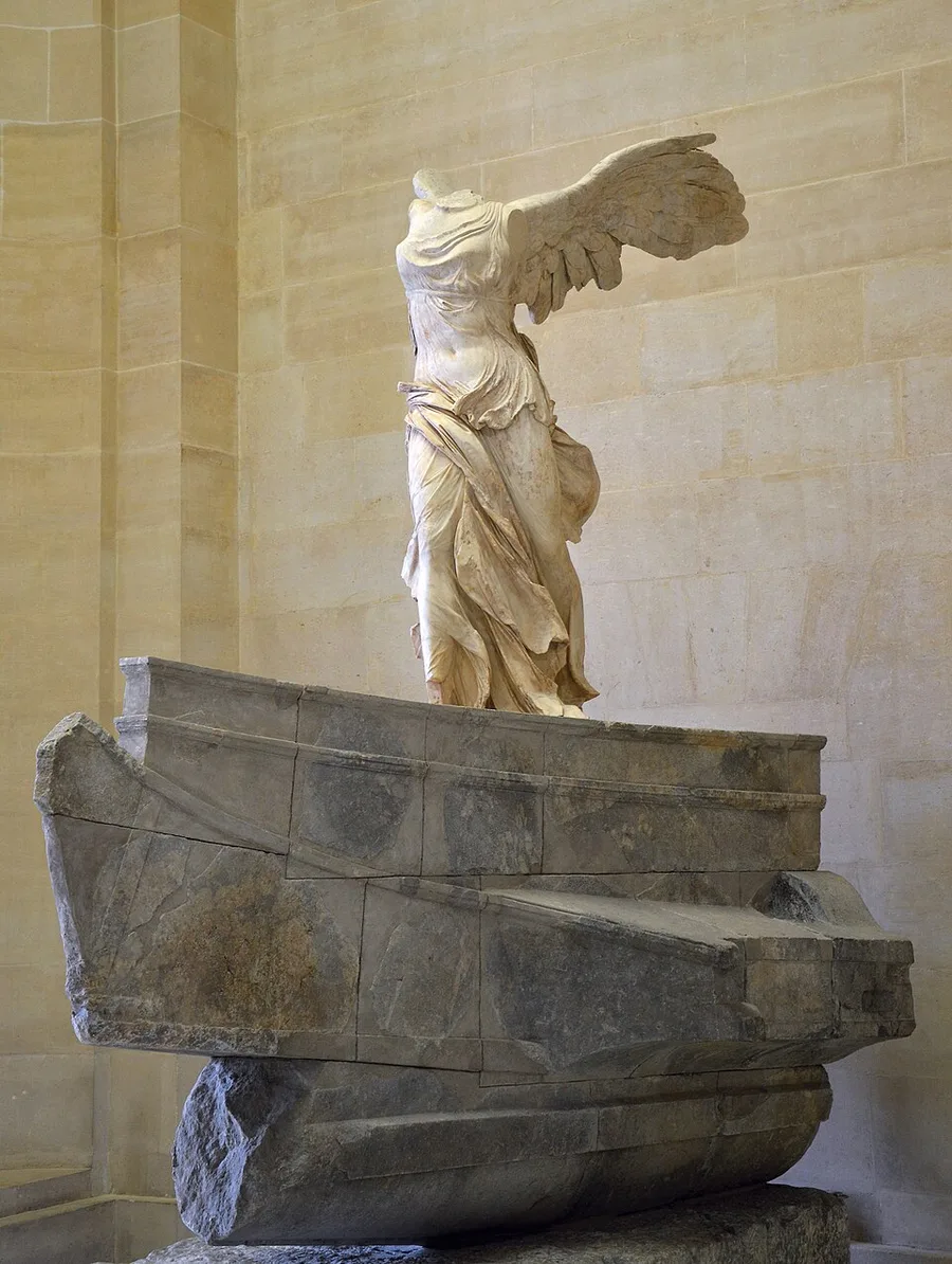 Winged Victory of Samothrace: White Parian marble, the statue alone 2.75 m tall, Hellenistic Greek, about 190 BC.