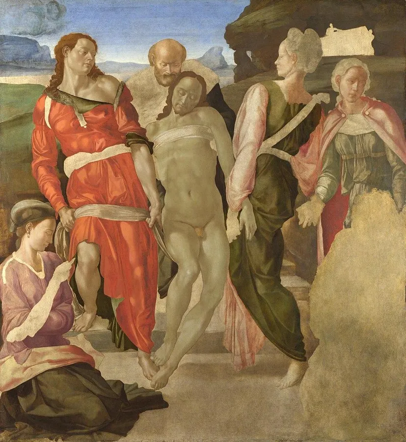 Michelangelo’s unfinished Entombment: Michelangelo, about 1500 to 1501. The kneeling Virgin at the bottom right was never painted: the space is still bare.