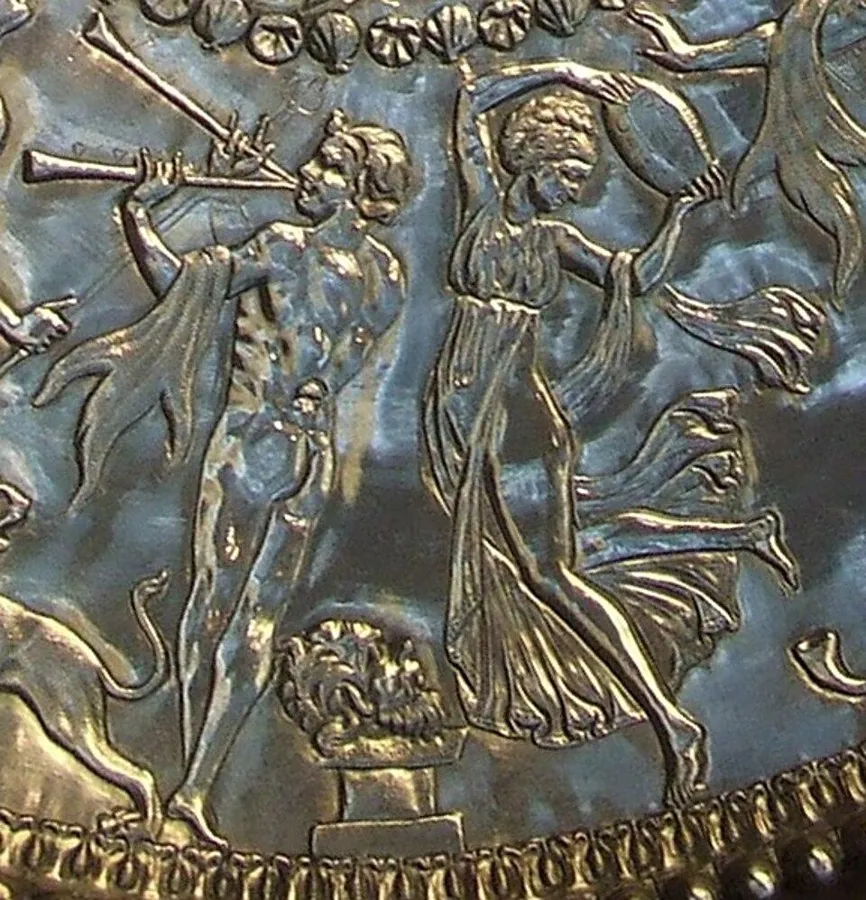 The Great Dish of the Mildenhall Treasure: Detail of a huge Roman silver dish, 4th century AD, with dancing satyrs and maenads around the god Bacchus.