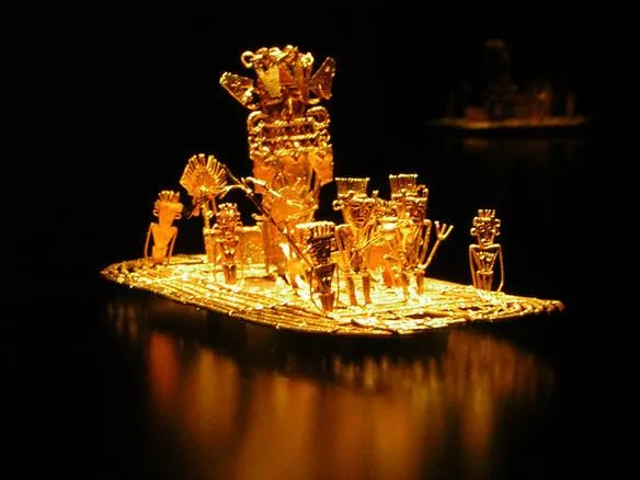 The Muisca golden raft: A small gold raft carrying a chief and his attendants, made by the Muisca of Colombia, found in a cave at Pasca in 1969.