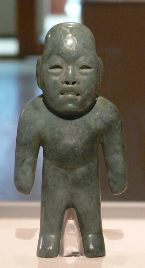 An Olmec jadeite figure: A standing figure carved from blue-green jadeite, Olmec culture, Mexico, about 900 to 400 BC.