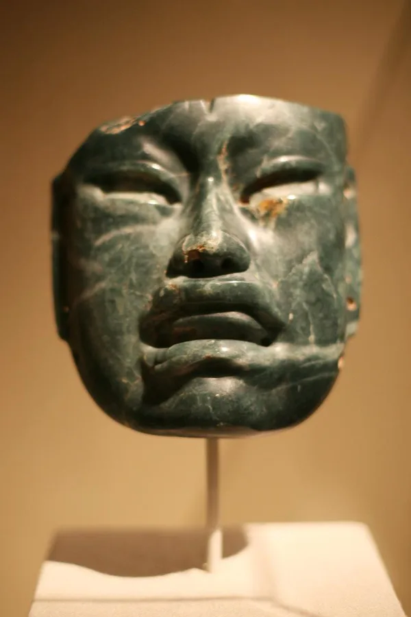 An Olmec jadeite mask: Jadeite, about the 10th to 6th century BCE, from the Gulf Coast of Mexico.