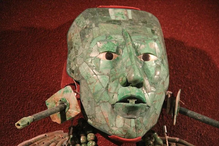 The jade death mask of Pakal the Great: A mosaic of jadeite pieces with shell and obsidian eyes, made for Kinich Janaab Pakal, king of the Maya city of Palenque, who died in 683.