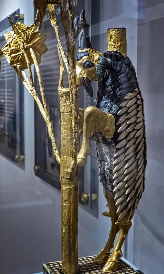 The Ram in a Thicket: A goat rearing against a golden tree, in gold leaf, shell and lapis lazuli, about 2500 BCE.