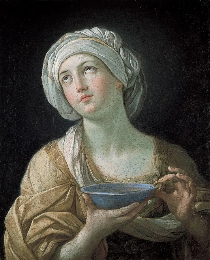 Lady with a Lapis Lazuli Bowl: A portrait of a woman holding a bowl carved from lapis lazuli, attributed to Guido Reni, 17th century.