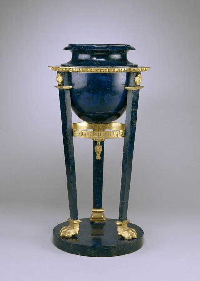 A Russian lapis bowl on tripod feet: A bowl of lapis lazuli on gilded bronze legs, St Petersburg, early 19th century.