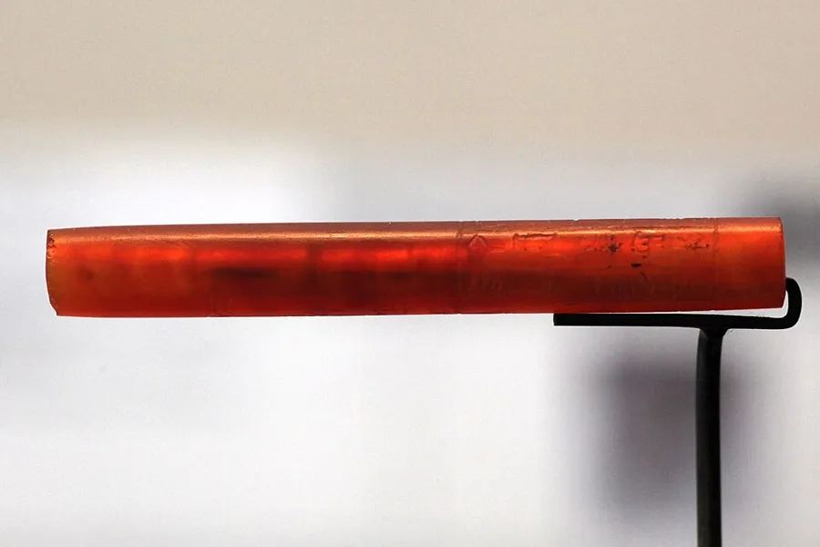 Shulgi’s bead from Susa: A long carnelian bead inscribed for Shulgi, king of Ur, dedicated to Ningal. Ur III, found at Susa, About 2094 to 2047 BC.